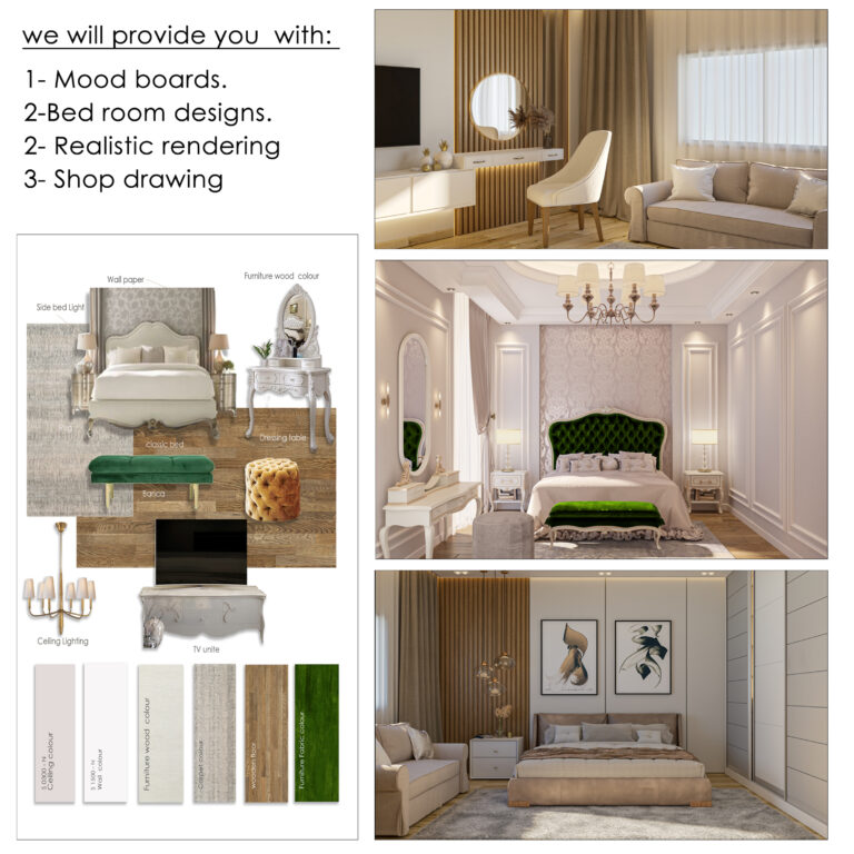 Read more about the article We will do Master bedrooms designs, rendering, mood board and shop drawing